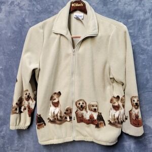 Blair Womens Fleece Jacket Full Zip Tan Puppy‎ Dog Print Size Medium Cozy Warm